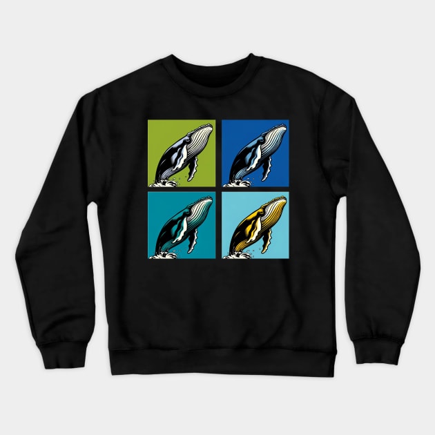 Vibrant Ocean Spectacle: Pop Art Whale Extravaganza Crewneck Sweatshirt by PawPopArt